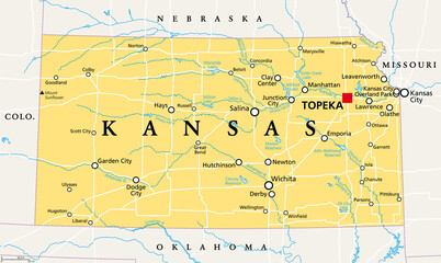 Kansas, KS, political map with capital Topeka, important rivers and lakes. State in the Midwestern United States of America nicknamed The Sunflower State, also The Wheat or The Jayhawker State. Vector - obrazy, fototapety, plakaty