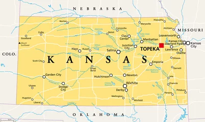 Fotobehang Kansas, KS, political map with capital Topeka, important rivers and lakes. State in the Midwestern United States of America nicknamed The Sunflower State, also The Wheat or The Jayhawker State. Vector © Peter Hermes Furian
