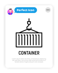Container on crane thin line icon. Logistic equipment. Vector illustration.