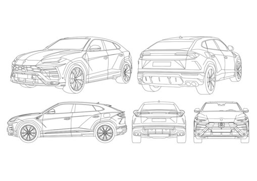 Vector editable drawing of a supercar crossover in all projections. Contour drawing