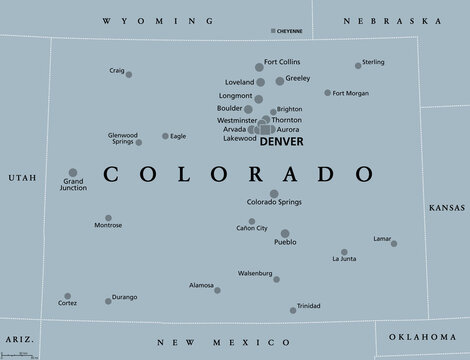Colorado, CO, gray political map, with the capital Denver and most important cities. State in the Mountain West subregion of the Western United States of America nicknamed The Centennial State. Vector