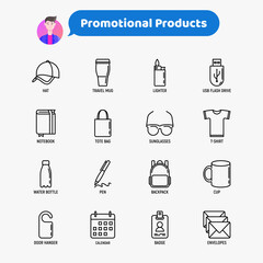 Promotional products thin line icons set: notebook, tote bag, sunglasses, t-shirt, water bottle, pen, backpack, cup, hat, travel mug, usb, lighter, calendar. Modern vector illustration.