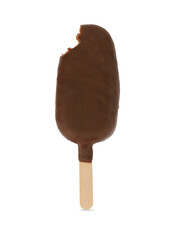 bitten chocolate popsicle on stick isolated on white