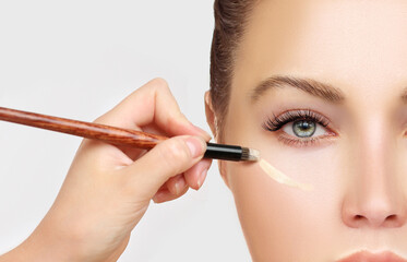 Foundation and a concealer  . Contouring.Make up woman face