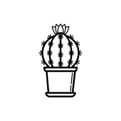 Cactus with flower in pot thin line icon. Modern vector illustration of home plant.
