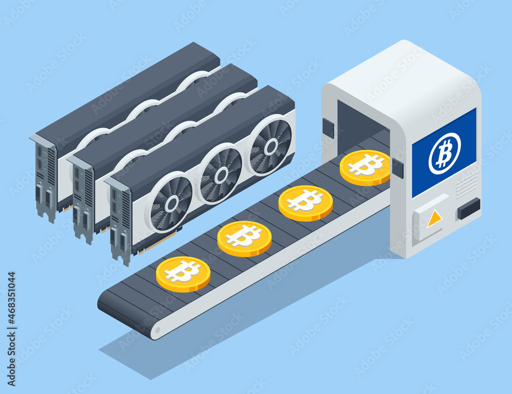 Aufkleber isometric creation of bitcoins crypto with using computer video cards. cryptomining farm. cryptocurr