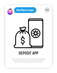 Deposit app thin line icon: bag with money on smartphone. Modern vector illustration.