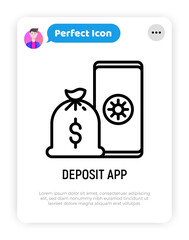 Naklejka premium Deposit app thin line icon: bag with money on smartphone. Modern vector illustration.