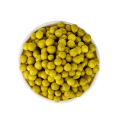 top view of a bowl of green canned peas isolated on white