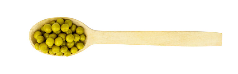 top view of wooden spoon with green canned peas isolated on white