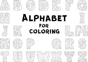 Alphabet black contour with flowers