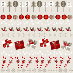 christmas pattern with holiday details (snowflake, gifts, balls, candy). Childish hand-drawn scandinavian style. Vector illustration