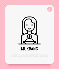 Mukbang thin line icon: girl with food. Modern vector illustration.