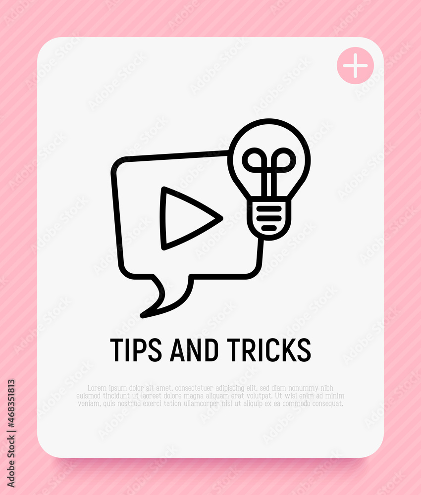 Poster tips and tricks thin line icon. video with interesting and helpful ideas: speech bubble with play bu