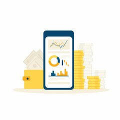 Vector illustration with online investment management concept, currency exchange, finance.