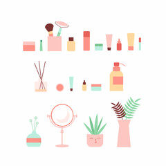 Vector illustration with set of skin care products, home plants and interior elements.