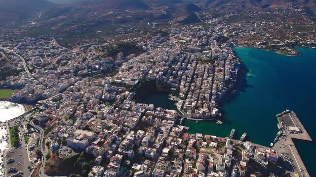 A bird's eye view of the Greek city of Agios Nikolaos. A beautiful European Mediterranean city.