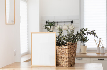 Mock up frame in kitchen interior background. Scandinavian home design.