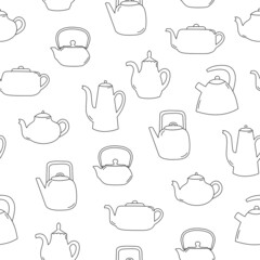 Seamless pattern of line art teapot. Black objects on white background. Kitchen utensil. Doodle style. Vector illustration