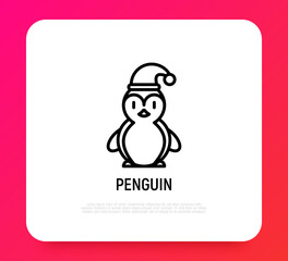 Cute penguin in Christmas hat. Thin line icon. Modern vector illustration.