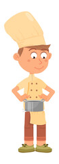 Chef kid holding cooking pot. Cute cartoon boy character
