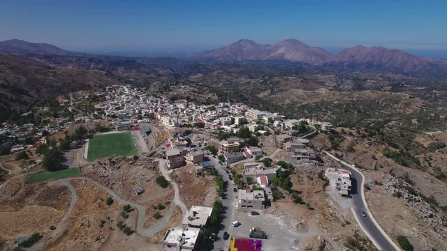 Aerial view. Village in the mountains. Beautiful landscape of mountainous Crete.