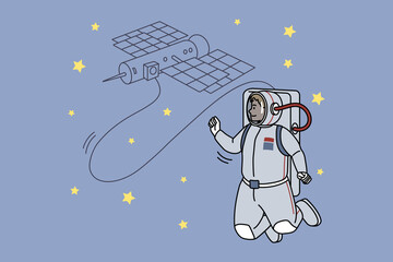 Astronaut in costume connected to satellite in open space. Spaceman with orbital body in universe. Opening new horizons concept. Enlightenment and discovery. Flat vector illustration. 