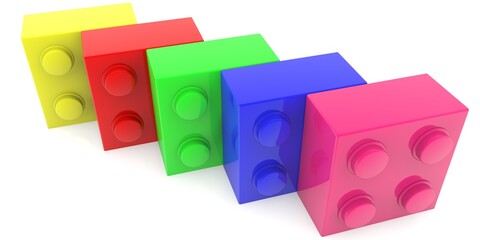 Colored toy bricks stacked in a row one after the other close-up