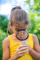 The child examines a glass of water with a magnifying glass. Selective focus.
