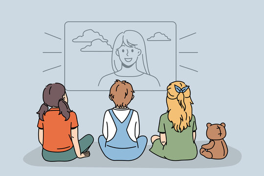 Diverse children sit in front of TV watch movie or cartoon at home together. Small kids enjoy television film or program on weekend. Entertainment, childhood concept. Flat vector illustration. 