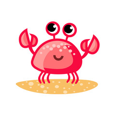 Cute cheerful red crab with raised pincers up on a tropical island with sand. Vector illustration.
