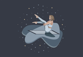 A girl with closed eyes practices yoga on a rug against the background of the night sky with stars. Vector illustration.