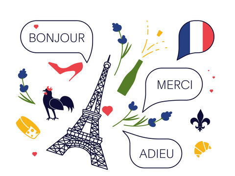 Set of traditional French culture symbols, objects and bubble speeches