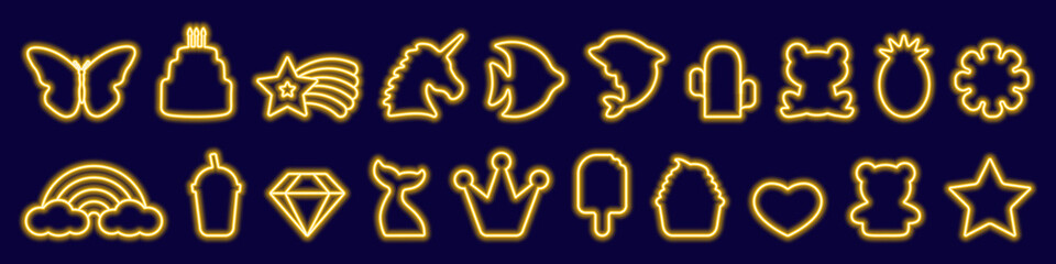 Big set of led fantasy birthday, food, animal neon frames in trendy yellow color. Glow symbols and characters, unicorn, rainbow, butterfly, crown, star, cake. Vector illustration in neon style for