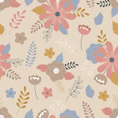 Seamless floral pattern. Pink, blue, beige flowers. Leaves, branches, flowers, plants. Vector illustration for printing on fabric, wallpaper, wrapping paper