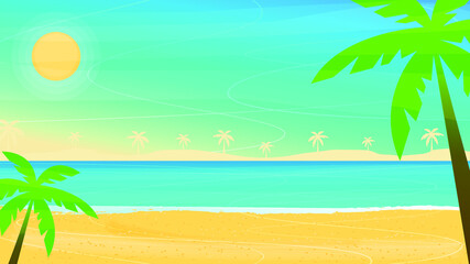 Fototapeta na wymiar Beach and sea. Sand beach. Blue sea and palms. Rest by the sea. Vector illustration. Ocean shore wallpaper and background.