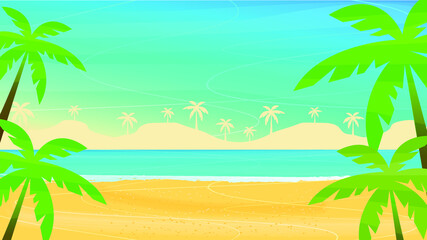 Beach and sea.  Sand beach. Blue sea and palms. Rest by the sea. Vector illustration. Ocean shore wallpaper and background.