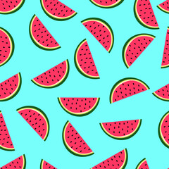 Summer seamless pattern with watermelons in doodle style on blue background 