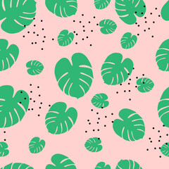 Seamless pattern with monstera leaf in doodle style