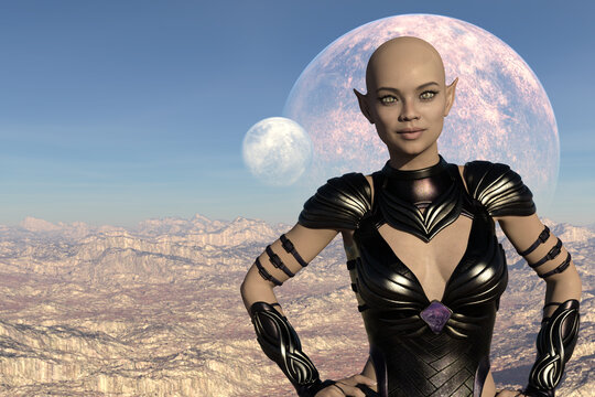 3d illustration of a bald female alien with pointy ears smiling with an extraterrestrial world in the background