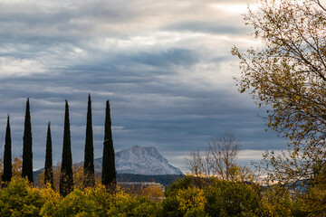 the Sainte Victoire mountain in the morning light in autumn
