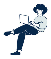 Sitting woman holding laptop on knees. Girl watching social media feed