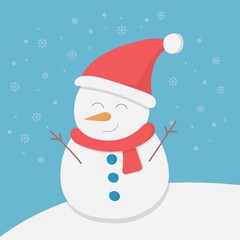 Fototapeta premium Greeting Christmas card with cute snowman on blue background with white snowflakes. Post card vector illustration concept, copy space