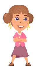 Girl standing with arm crossed. Funny cartoon kid