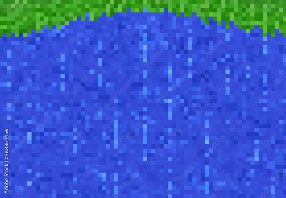 Poster river water, lake or waterfall cascade cubic pixel game blocks pattern. computer, eight-bit console 
