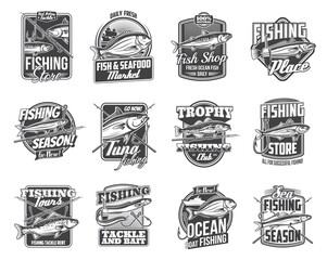 Fish and fishing sport tackle isolated vector icons. Fishing rod, fisherman boat and hook monochrome badges with salmon, tuna, mackerel and eel, sheatfish, anchovy and sardine, bream and sea bass - obrazy, fototapety, plakaty
