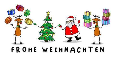 Frohe Weihnachten mit Weihnachtsfiguren und vielen Geschenken