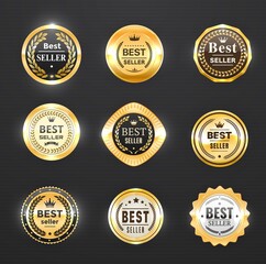Best seller golden labels, award seal, medal badges with laurel wreaths. Vector premium quality gold emblems with stars and crowns. Company or brand product tags or stamps luxury design isolated set - obrazy, fototapety, plakaty