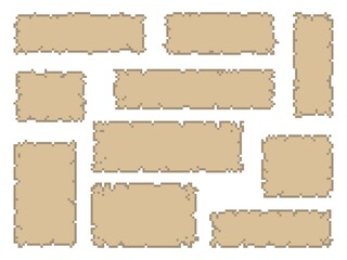 Pixel game vintage ribbons and scrolls. Eight-bit console or arcade game design asset of ancient manuscripts, vector parchment banners, treasure maps set or antique letters with paper ripped sides