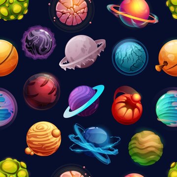 Cartoon futuristic planets and stars seamless pattern, vector background of fantasy galaxy space. Alien world space planets with satellite, orbit rings, atmosphere and energy halo on dark sky backdrop